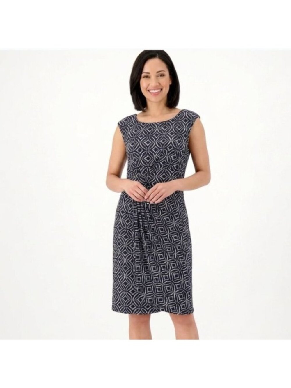 Connected Apparel Blue White Sheath Dress Size 12 Geometric Print Sleeveless